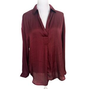 Lush Women's Burgundy Long Sleeve V-Neck Relaxed Fit‎ Blouse Top Size S